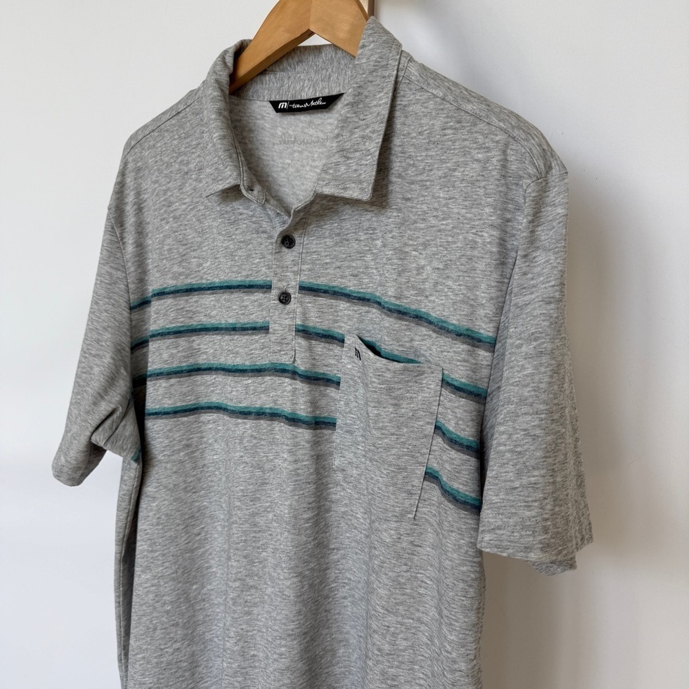 Travis Mathew Men's XL Gray Striped Golf Polo Shirt 3-Button Collared Casual